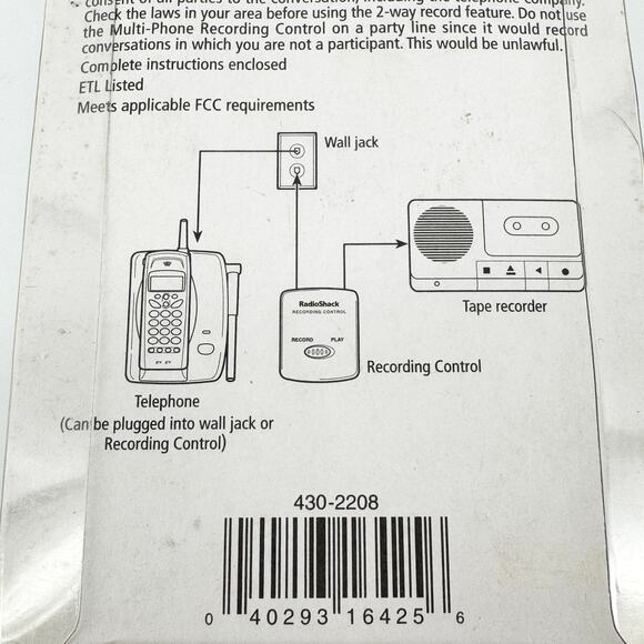 RadioShack Multi-Phone Recording Control 43-2208 Vintage New in Package Sealed - Picture 6 of 6